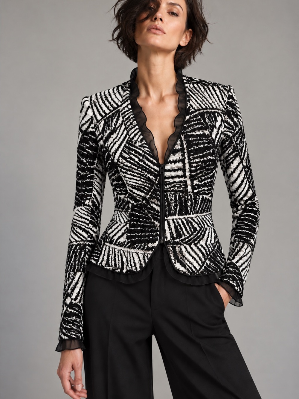 Joseph Ribkoff Black White Abstract Textured Zip Front Ruffle Jacket Size 8